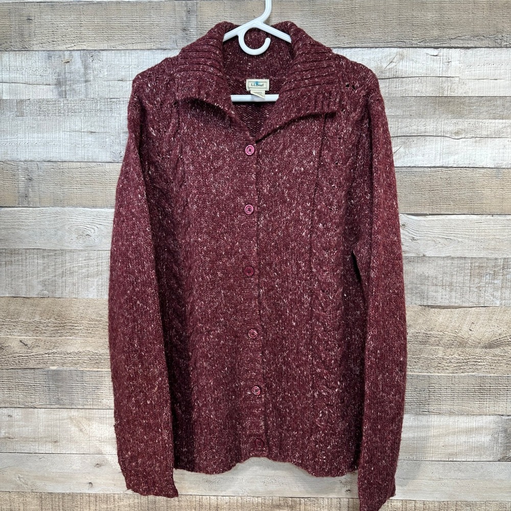 LL Bean Womens Cranberry White Marled Cable Knit Cardigan‎ Sweater XL